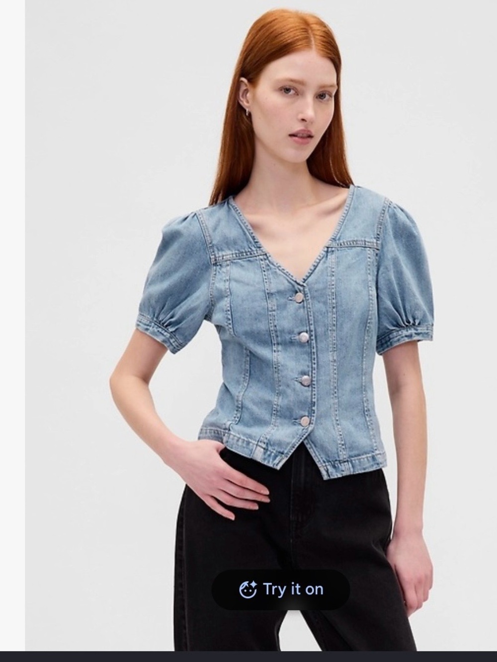 The Gap Light Blue Denim V-Neck Button Front Puff Sleeve Top